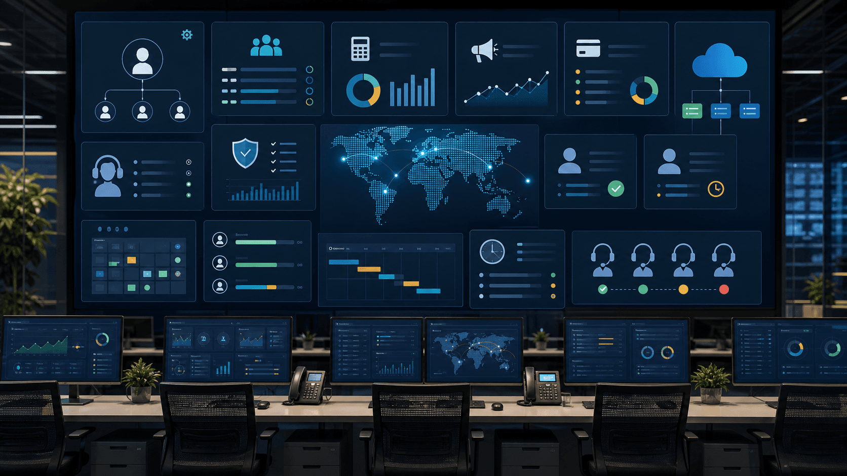 Daskerel management service operations dashboard for owner, HR, accounting, marketing, billing, support, security, and call-centre queues